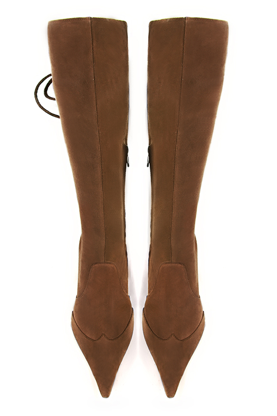 Caramel brown women's knee-high boots, with laces at the back. Pointed toe. High block heels. Made to measure. Top view - Florence KOOIJMAN